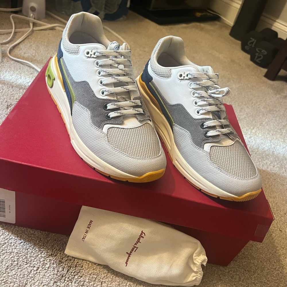 Salvatore Ferragamo Men's White and Yellow Sneakers